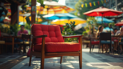 Fototapeta na wymiar Empty red armchair on a busy cafe patio