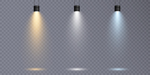 Vector spotlight source, studio stage lighting, png effect. Spotlight. Rays of light, light effect. 10 EPS