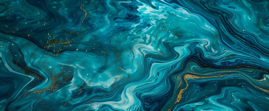 Majestic turquoise marble ink cascades elegantly over a dynamic abstract canvas, twinkling with luminous glitters in tones of turquoise and aqua.