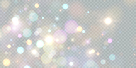 Sparkling glare light effects with colorful shimmer. Beautiful lens flare effect with bokeh, glittery particles and rays. Shining abstract background. Vector illustration 