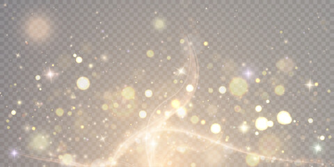 Gold glitter and sequins on a transparent PNG background. Gold lines on shiny light vector illustration. Bright dust sparkles for decoration of Christmas or holiday card.