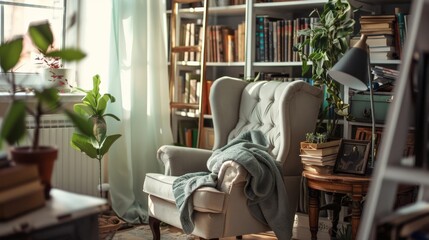 Inviting reading nook with an armchair and bookshelves bathed in natural light