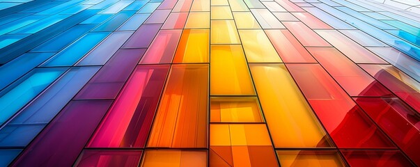 A modern building facade features a rainbow gradient, resulting in a dynamic and visually striking effect.