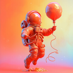 Astronaut holding red balloon in the air against orange and yellow background in 3D illustration