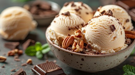 A background of food. Scoops of ice cream with nuts and chocolate