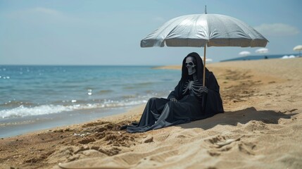 Reaper Enjoys Seaside Solitude Under Umbrella