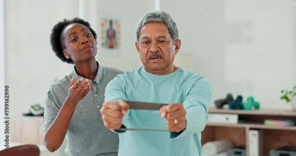 Poster Resistance band, physical therapy and senior man in clinic for consultation with muscle recovery. Injury, healthcare and woman physiotherapist helping elderly male patient with stretch arm exercise.