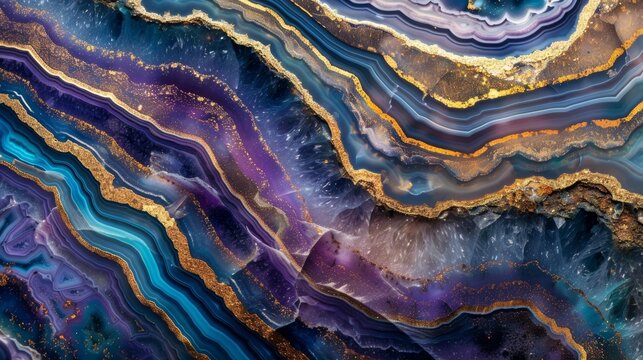 A dynamic agate slice design featuring layers of rich golds deep purples and bright blues..