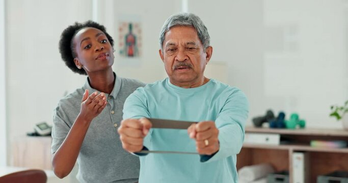 Resistance band, physical therapy and senior man in clinic for consultation with muscle recovery. Injury, healthcare and woman physiotherapist helping elderly male patient with stretch arm exercise.