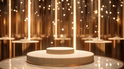 An empty product podium bathed in warm, golden light, amidst a bokeh of soft glowing orbs