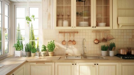 Sunny kitchen interior with plants and minimalistic wooden design