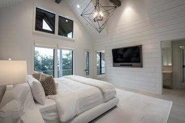 Contemporary white master bedroom with high ceilings, a geometric light fixture, and a wall-mounted television.