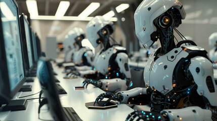 Advanced robots working at computer stations just like humans in a modern office environment, showcasing the possibilities of artificial intelligence and robotics