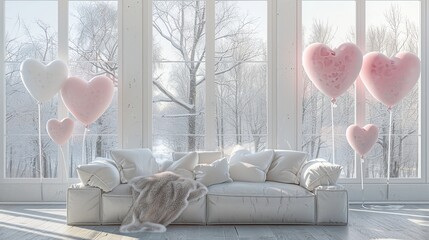 Valentine's Day interior design decor, large windows with white winter trees, couch and throw...
