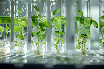 Detailed visualization of plant tissue culture in a sterile lab environment, showcasing various stages of growth in vitro ,