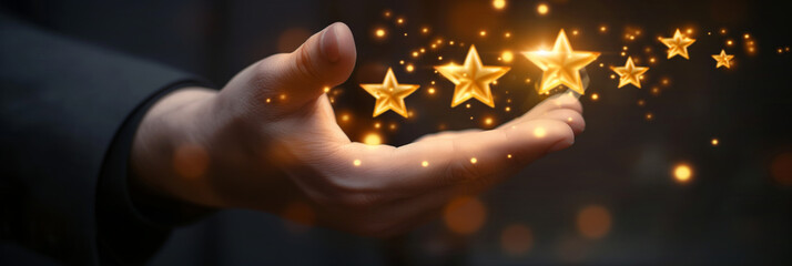 A mysterious image showing a hand with sparkling stars floating above it, evoking a sense of magic and wonder