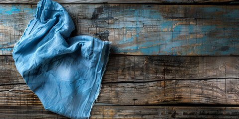 Blue cotton jeans napkin on a rustic wooden background with copy space text 