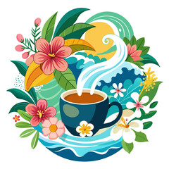 Steaming cup of Hawaiian coffee nestled amidst a vibrant coffee plant wave, with delicate spring flowers dancing in the breeze