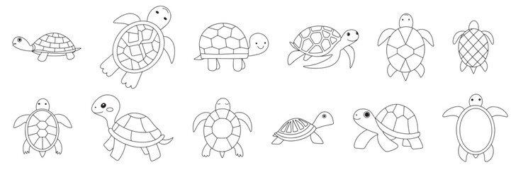 Collection of turtles isolated in doodle style. Outline tortoise sets. Hand drawn vector art.