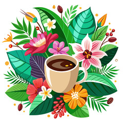 Steaming cup of Hawaiian coffee nestled amidst a vibrant coffee plant wave, with delicate spring flowers dancing in the breeze