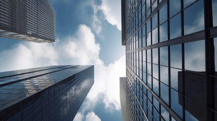 Perspective and underside angle view of modern glass skyscrapers of the building against the blue bright clear sky. High quality photo