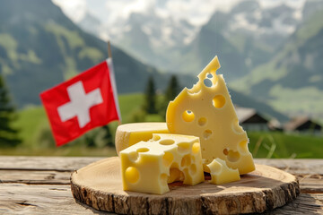 Table with board of various regional Swiss cheese and flag of Switzerland on the backdrop of Swiss mountain landscape. Delicious looking cheeses on a wooden table