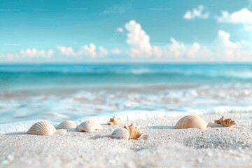 Fototapeta na wymiar Serene Seaside Beauty: Summer Vacation Background with White Sand Beach and Blue Waters