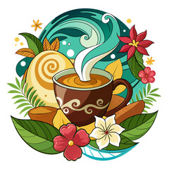 Steaming cup of Hawaiian coffee nestled amidst a vibrant coffee plant wave, with delicate spring flowers dancing in the breeze