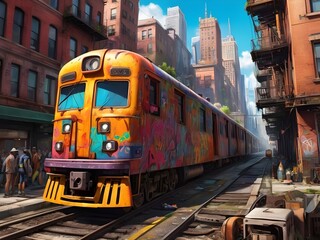Bustling city street transforms into vibrant graffiti gallery, colorful characters, abstract designs on skyscrapers down