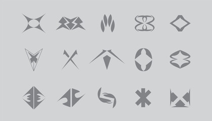 Big vector set of brutalist geometric shapes. Trendy abstract minimalist figures, stars, flowes, circles. Modern abstract graphic design elements.Vector illustration