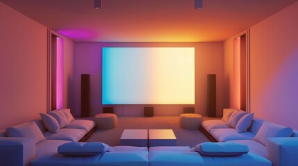 Modern minimalist home theater with ambient lighting and cozy seating