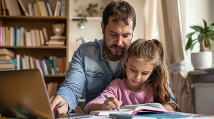 Father Helping Daughter with Homework, Study Desk
