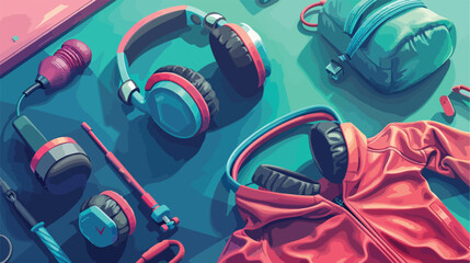 Sportswear headphones and equipment on color background