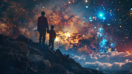 Father and Son Stargazing at Cosmic Galaxy