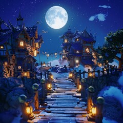 Create a captivating wideangle view of a mysterious quest unfolding in the moonlit night Showcase intricate details under the bright moonlight, reflecting a sense of wonder and adventure