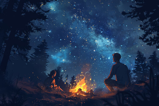 Father and Teenager Bonding Over Campfire