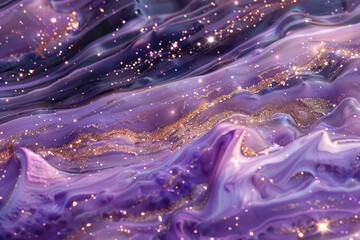 Luminous amethyst marble ink flowing gracefully over a celestial abstract landscape, twinkling with radiant glitters, invoking elegance. - obrazy, fototapety, plakaty
