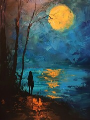 Obraz na płótnie Canvas Bring the wanderer to life in a vivid oil painting, standing courageously under the moons mesmerizing glow, capturing the nights mysterious vibe