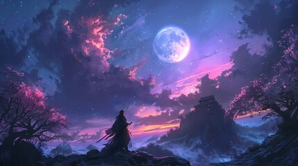 Bring to life a vivid image of a determined sellsword in a night setting, lit by the soft glow of the moon above Emphasize the lowangle view to highlight the strength 