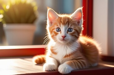 Cute red kitten on the windowsill in the sun