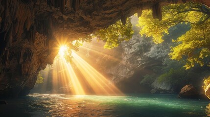 The sunlight shining through the cave entrance creates a beautiful and serene scene