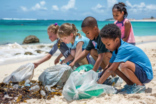 Children Cleaning Beach on World Oceans Day