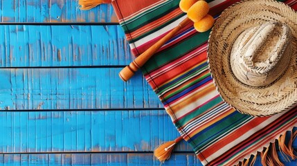 Mexican background serape striped blanket with sombrero maracas on old blue wood floor Mexico cinco...