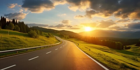 Obraz premium Highway landscape at colorful sunset in summer. Mountain road landscape at dusk. Beautiful nature scenery in green mountains. Travel landscape for summer vacation on highway. High quality photo