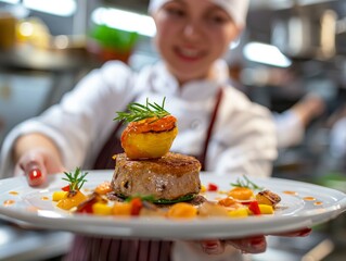 A woman is holding a plate of food, which includes a piece of meat and a vegetable. She is smiling and she is proud of her creation. The plate is placed on a dining table