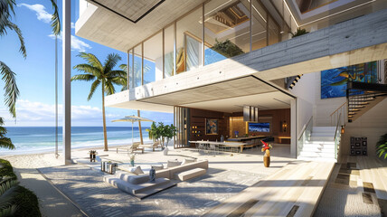 Modern beach house with a private art gallery displayed throughout the property, blending luxury living with cultural sophistication.