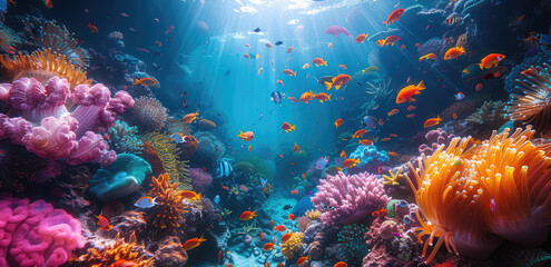  A vibrant coral reef with colorful fish and sea plants, creating an underwater scene as the backdrop of your video game poster. Created with Ai