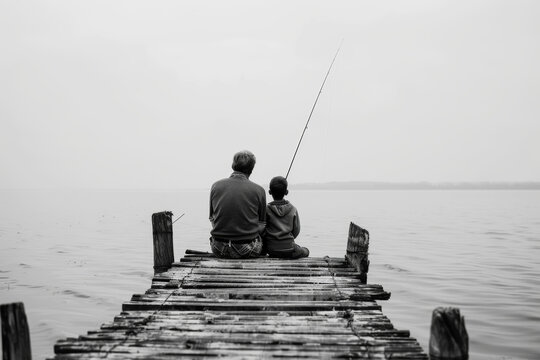 Vintage Father Son Fishing Wooden Pier