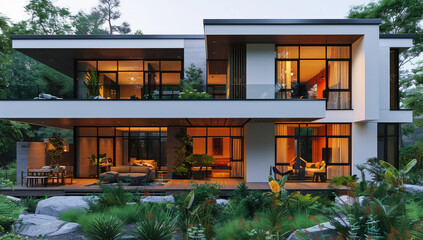 Modern house with terrace and glass windows, exterior view of luxury home in the woods at sunset. Created with Ai