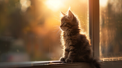 Fluffy tabby kitten enjoys the warm golden glow of a setting sun by a window, feeling the serene ambiance - obrazy, fototapety, plakaty